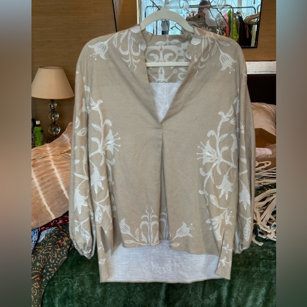Tan Block Print Tunic Top Small
